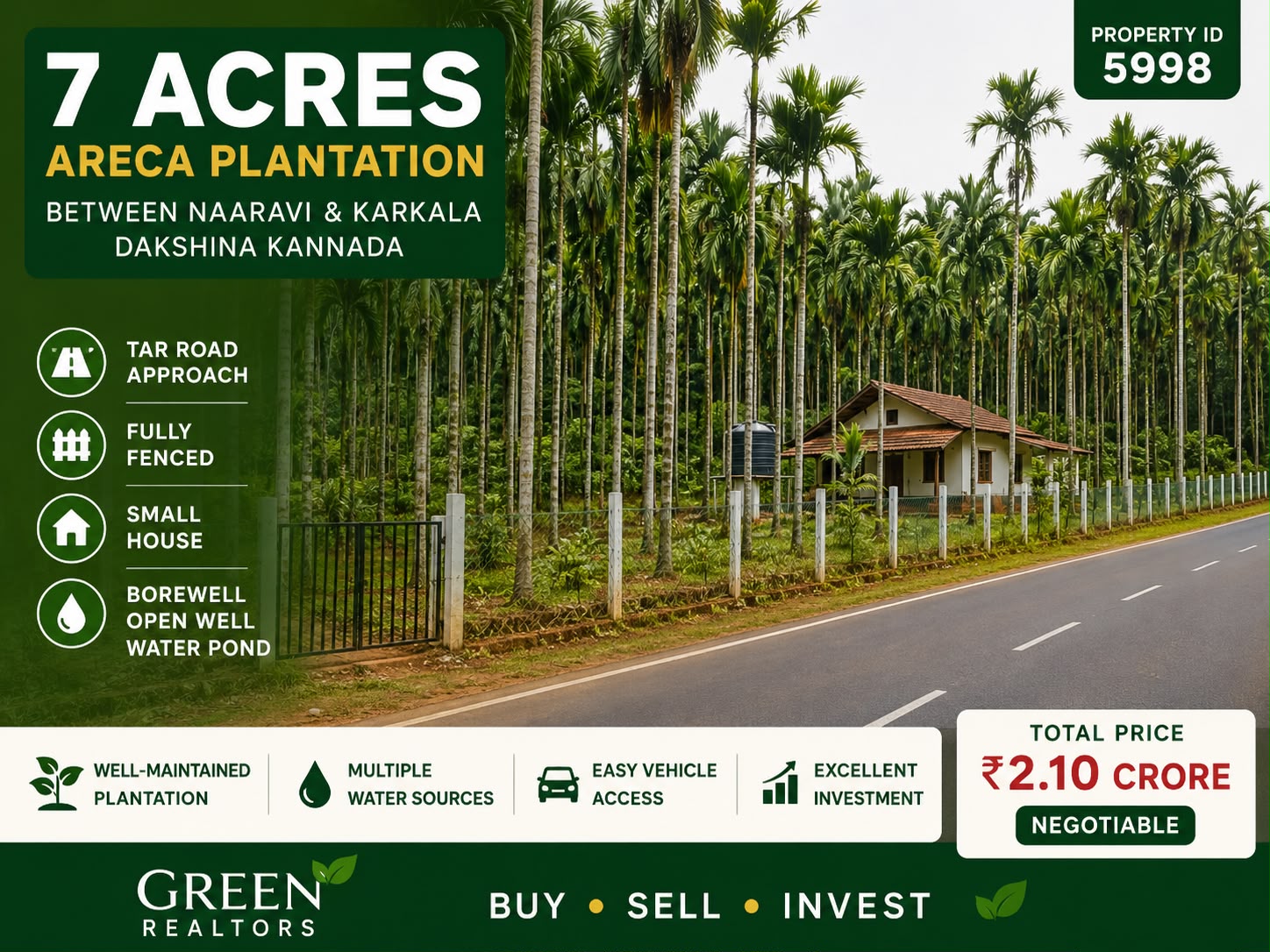 🆔 *PROPERTY ID – 5998* 🌴🥥 *7 Acres Premium Areca Plantation for Sale – Near Naaravi, Dakshina Kannada*
